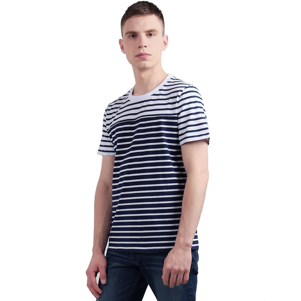 Unique Bargains Men's Stripes Crew Neckline Short Sleeves Tee Shirt Blue (Size M / 40)