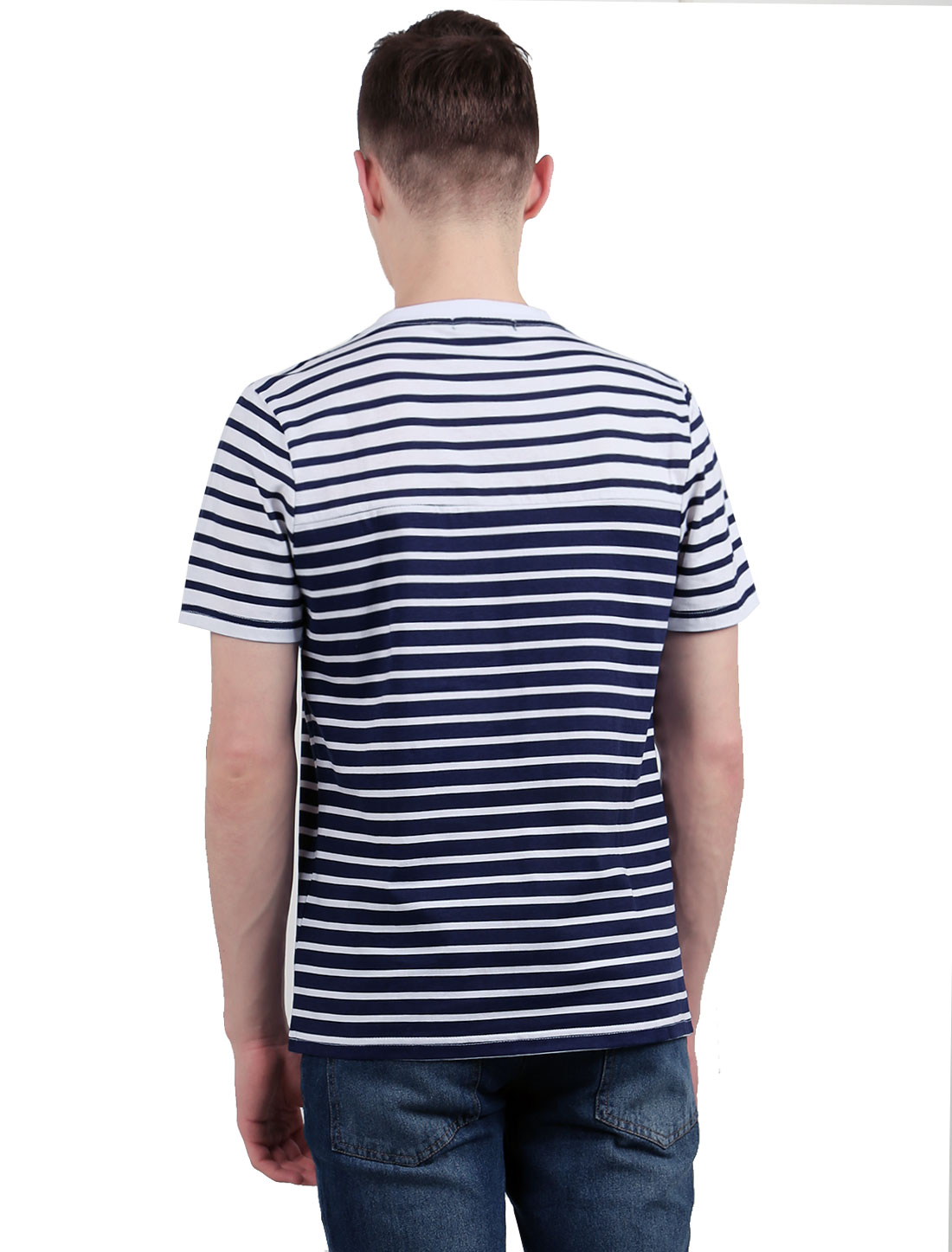 Unique Bargains Men's Stripes Crew Neckline Short Sleeves Tee Shirt Blue (Size M / 40)