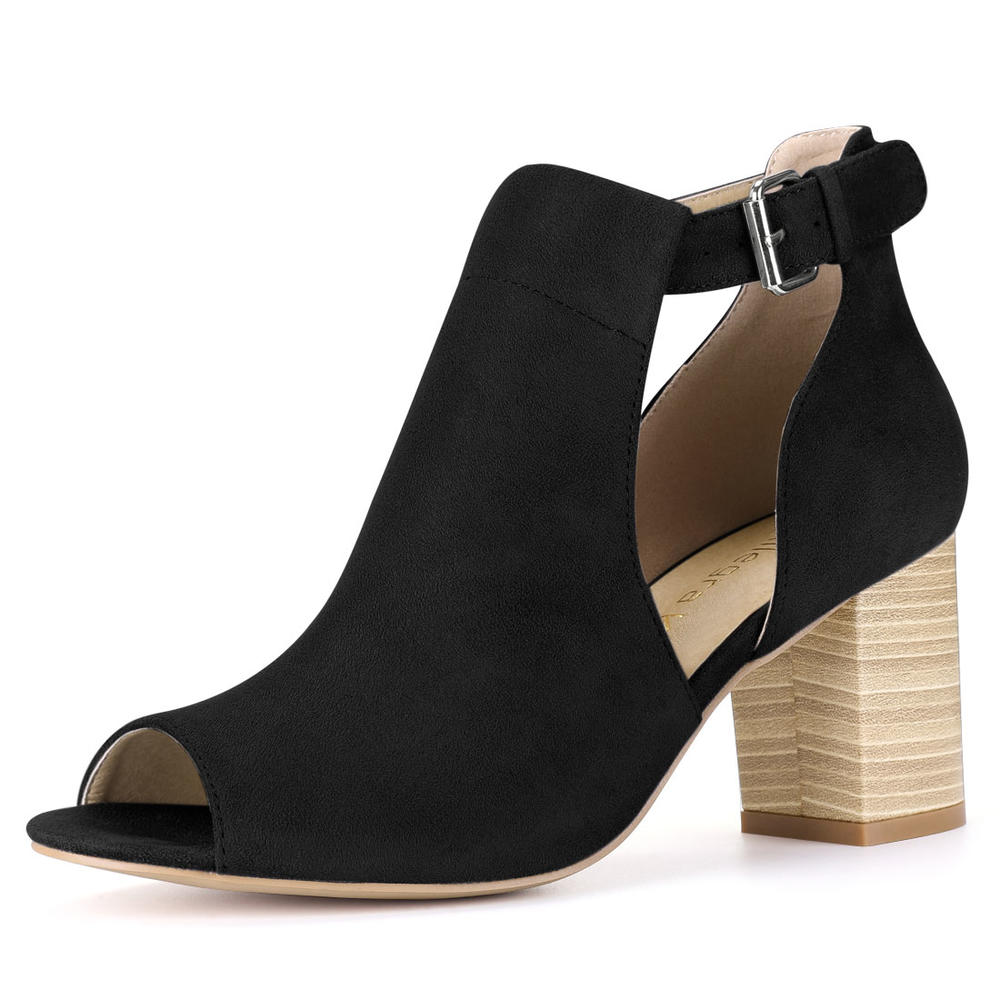 Unique Bargains Women Peep Toe Stacked Heel Cutout Ankle Strap Boots Black US 6