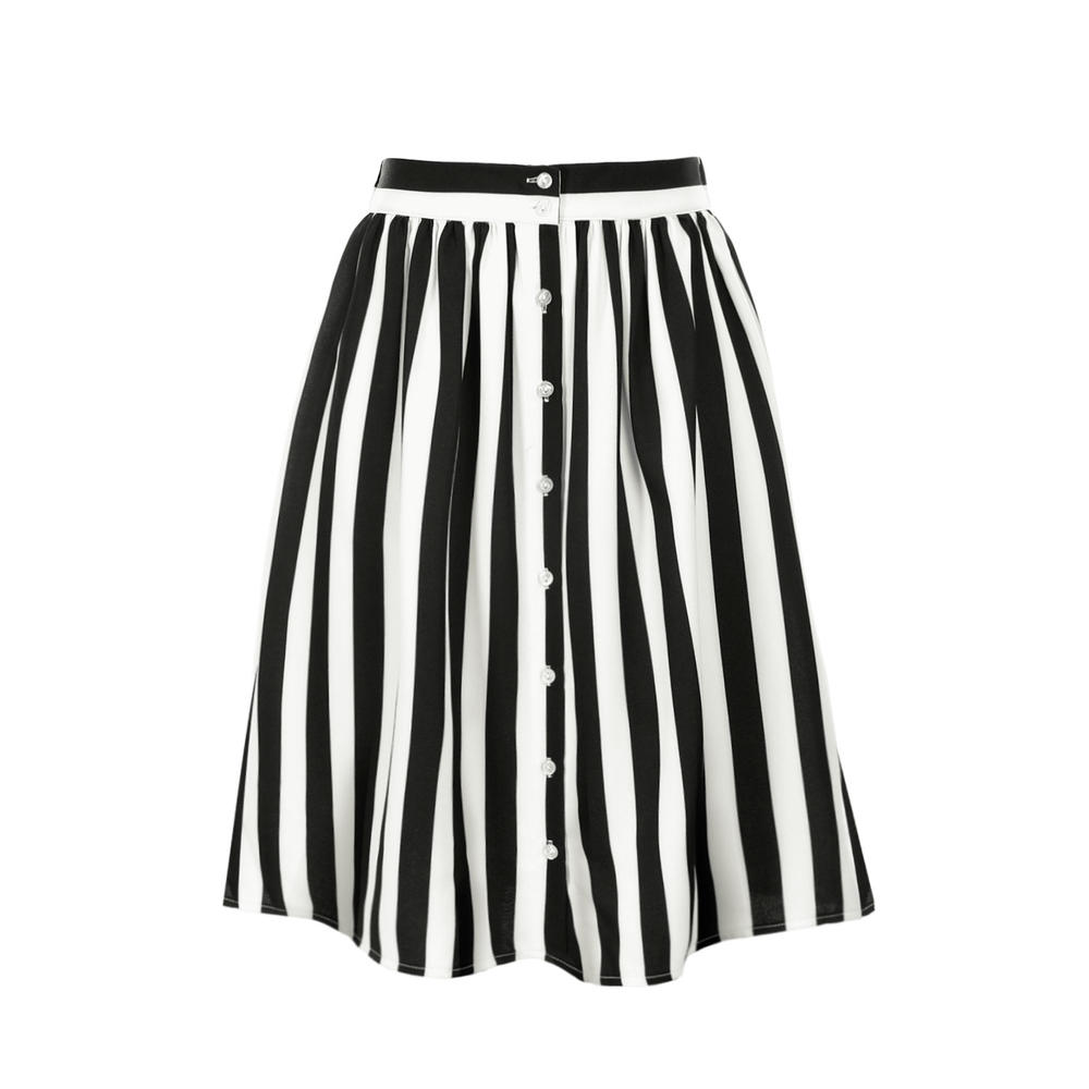 Unique Bargains Woman Stripes Button Front Elastic Back A Line Midi Skirt Black XS