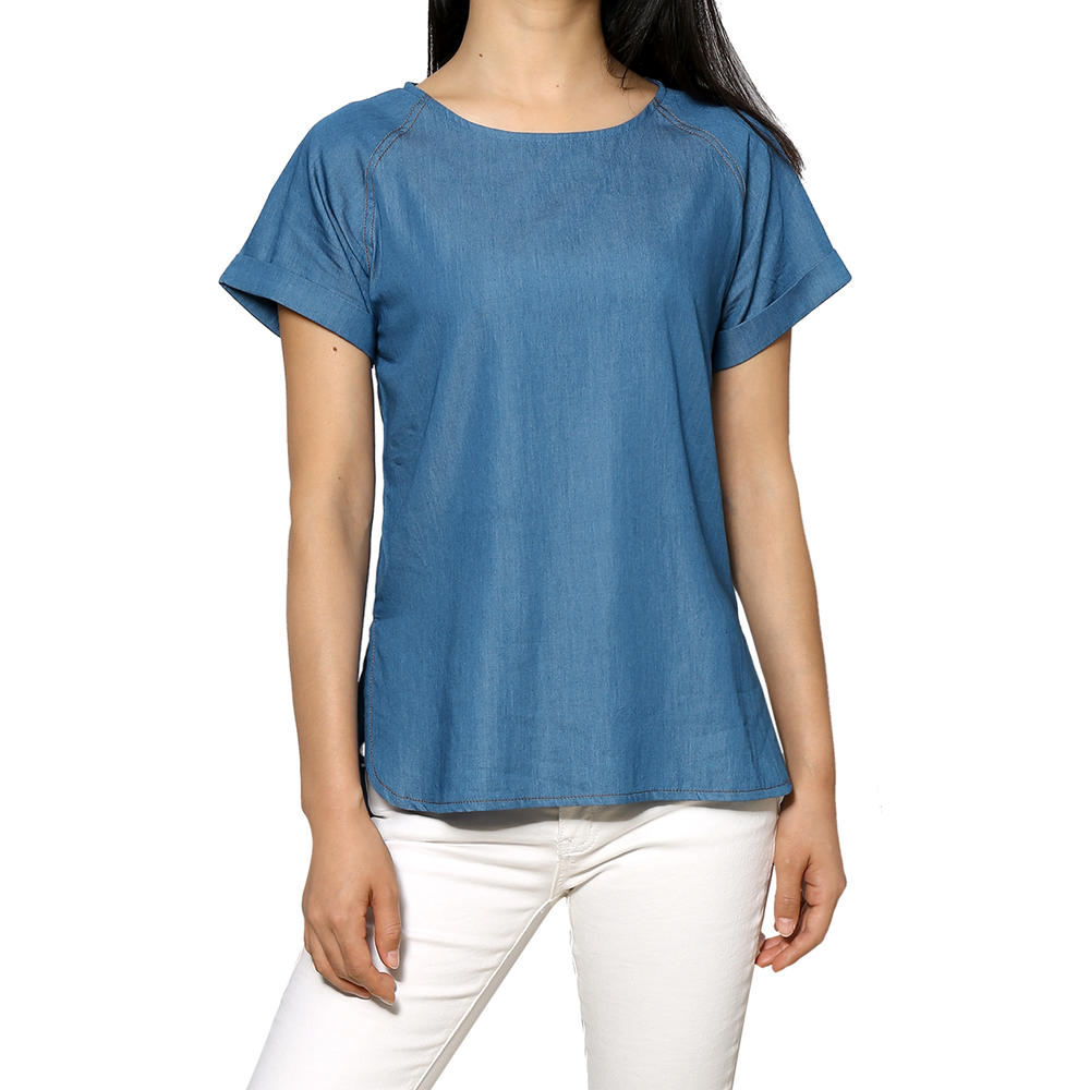 Unique Bargains Women's Raglan Sleeves Round Neck Chambray Top S Blue