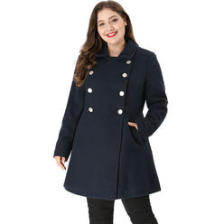 Unique Bargains Women's Plus Size A Line Turn Down Collar Double Breasted Coat
