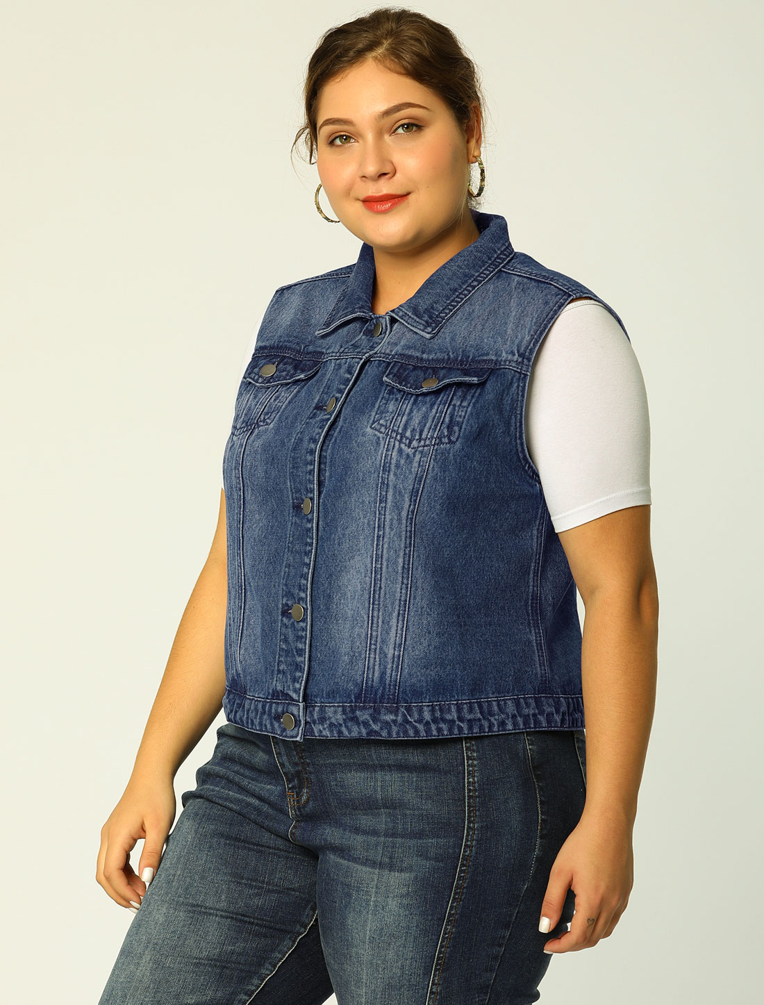 Unique Bargains Women's Plus Size Bust Pockets Button Up Slim Fit Denim Vest