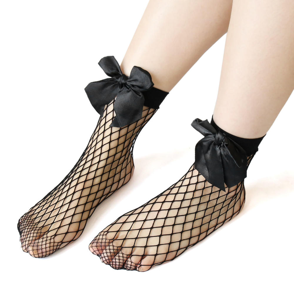 Unique Bargains 2 Pairs Ankle High Mesh Elastic Socks Hollow Out Fishnet Short Stockings Black