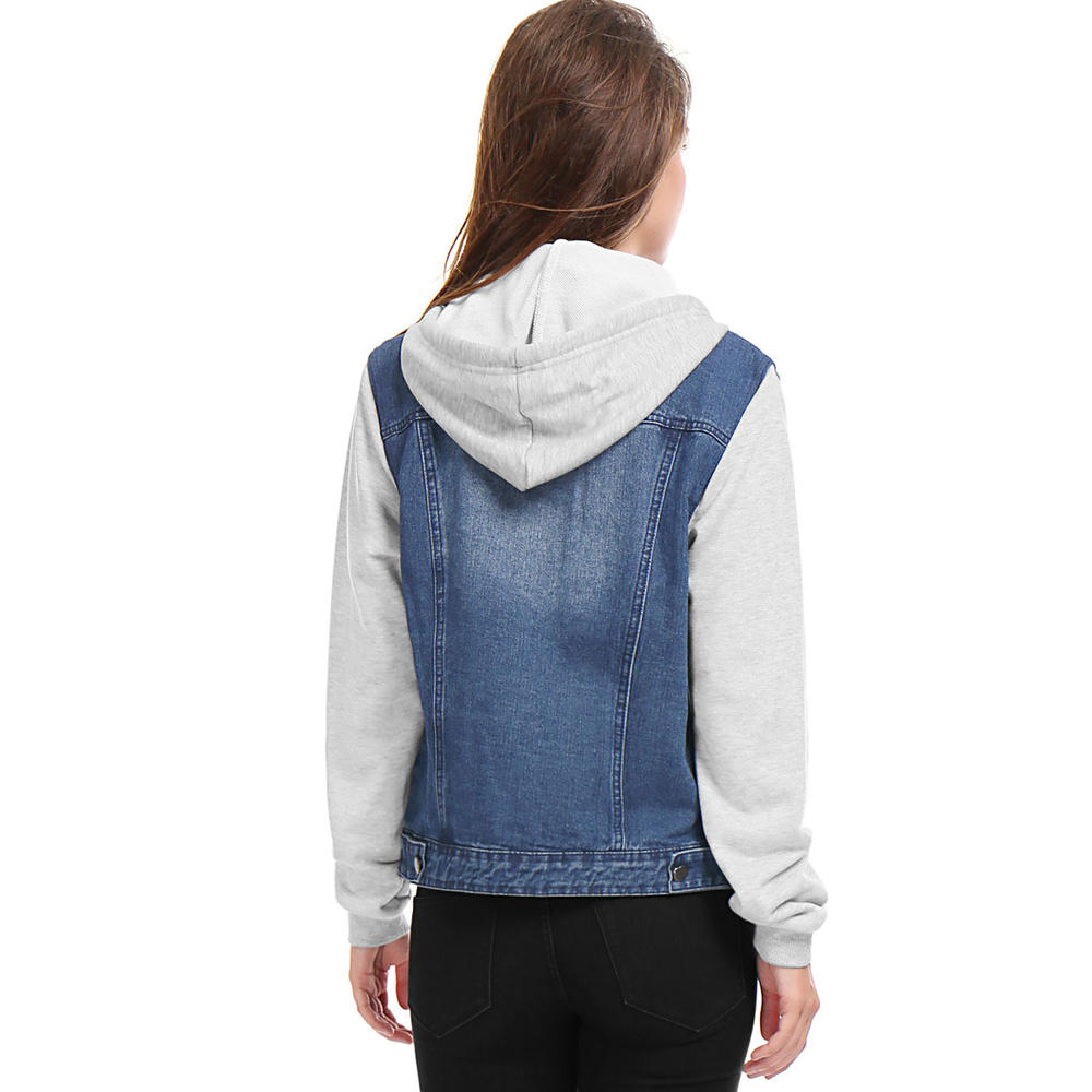 Unique Bargains Women's Layered Drawstring Hood Denim Jacket w Pockets Dark Blue (Size M / 8)