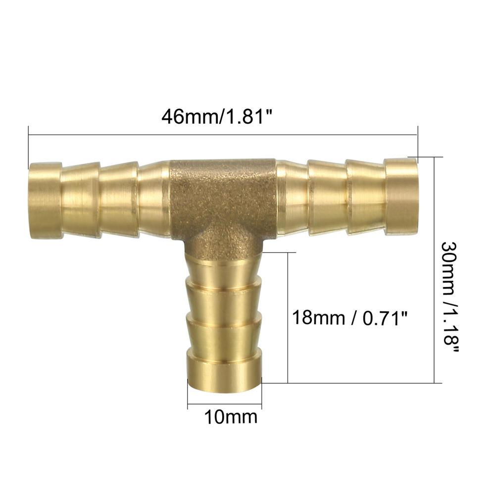 Unique Bargains 10mm Brass Barb Hose Fitting Tee T 3 Way Barbed Connector Air Water Fuel 5pcs