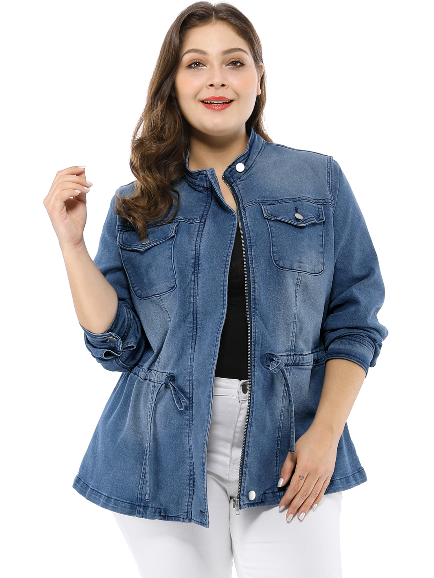 Unique Bargains Women's Plus Size Stand Collar Zip Closure Drawstring Denim Jacket