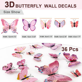 Unique Bargains 36pcs 3D Butterfly Wall Stickers Decal Stickers for Room  Decoration Pink