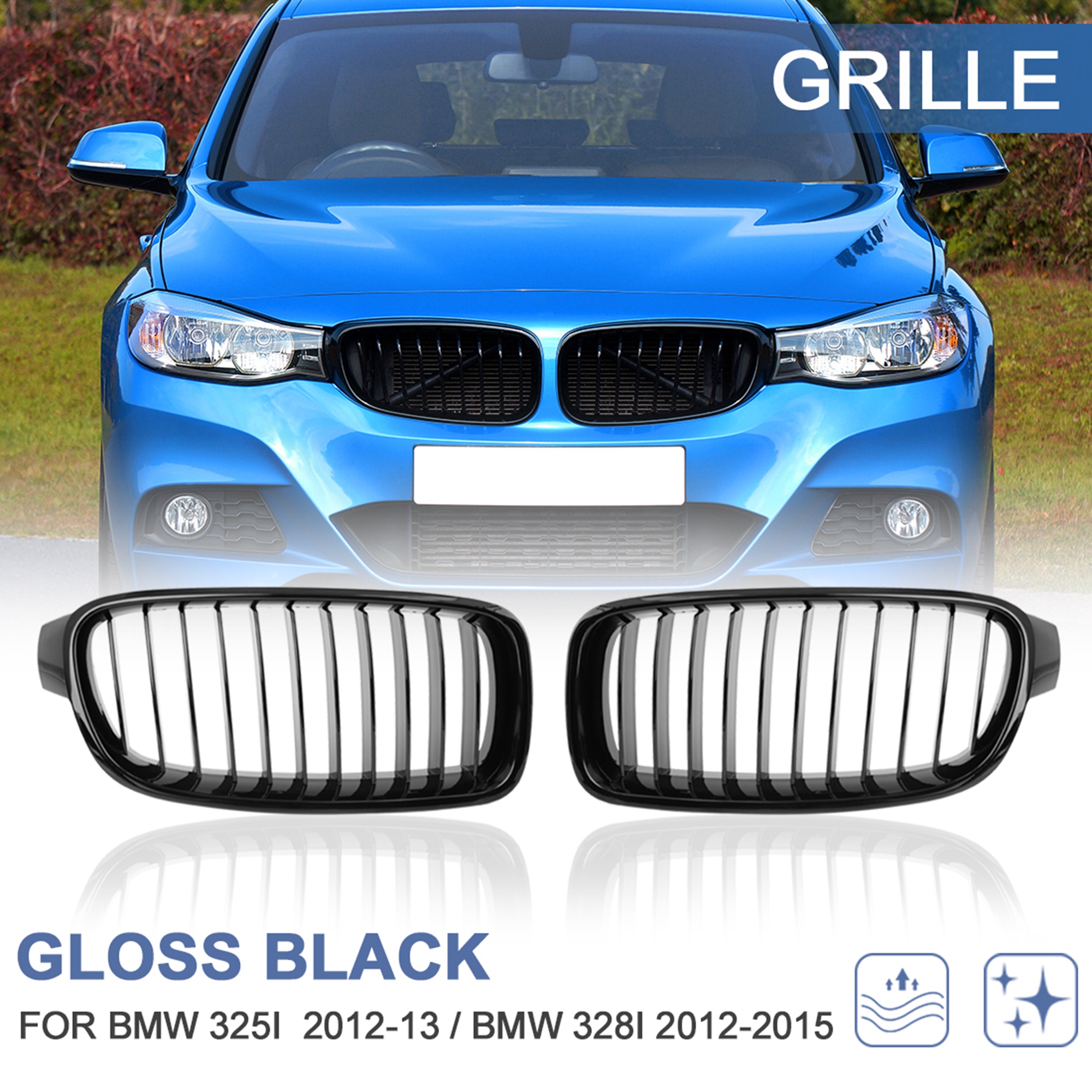 Unique Bargains 2pcs Glossy Black Front Hood Kidney Grille Grill for 2012-2016 BMW F30 4 Doors