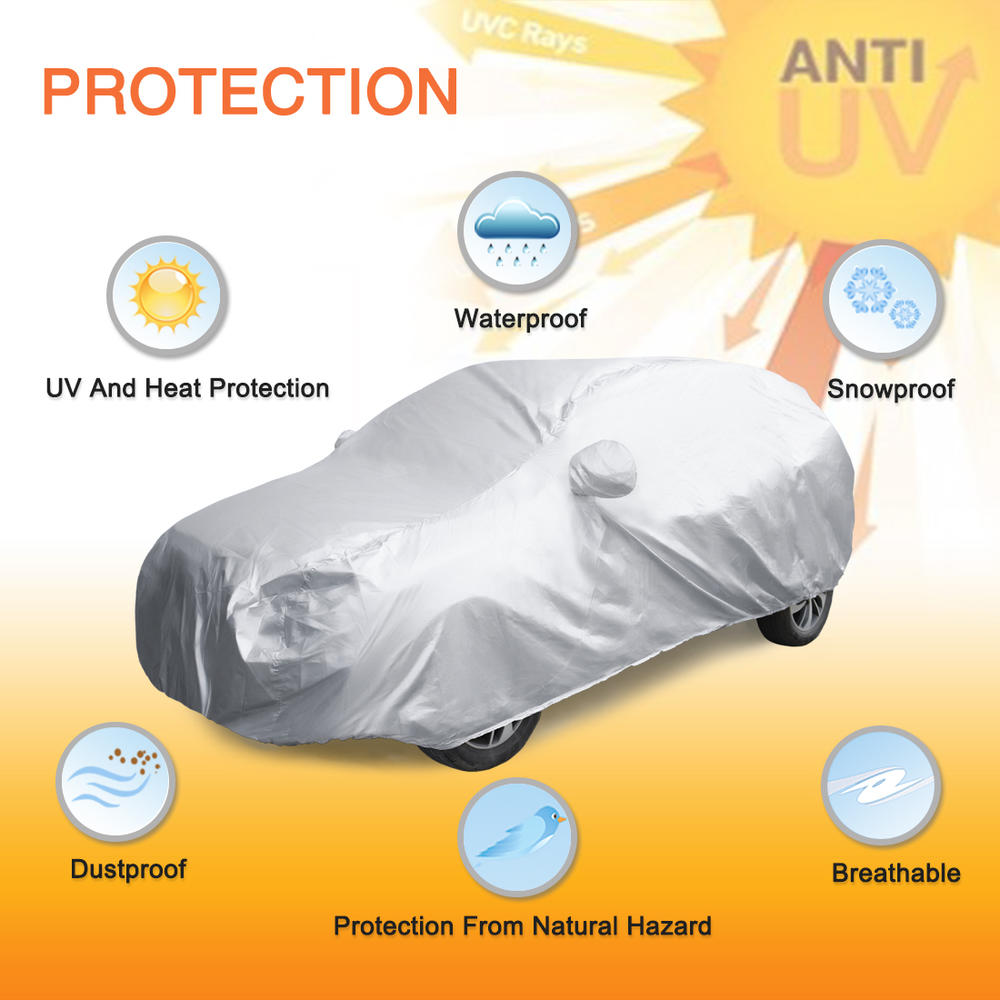 Unique Bargains YL Silver Tone 190T Car Cover Waterproof Snow Heat Resistant  w Mirror Pocket