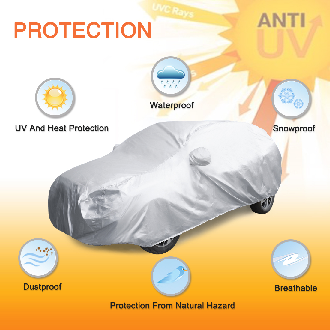 Unique Bargains YXL Silver Tone 190T Car Cover Waterproof Snow Heat Resistant  w Mirror Pocket