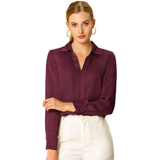 Unique Bargains Women's Office V Neck Satin Blouse Work Long