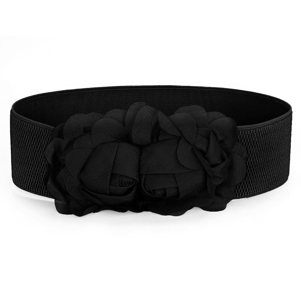 Unique Bargains Faux Leather Flower Accent Buckle Textured Elastic Waist Belt for Lady Black One Size