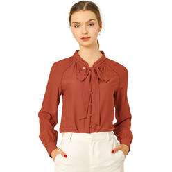 Unique Bargains Allegra K Women?s Bow Tie Neck Button Decor Shirt