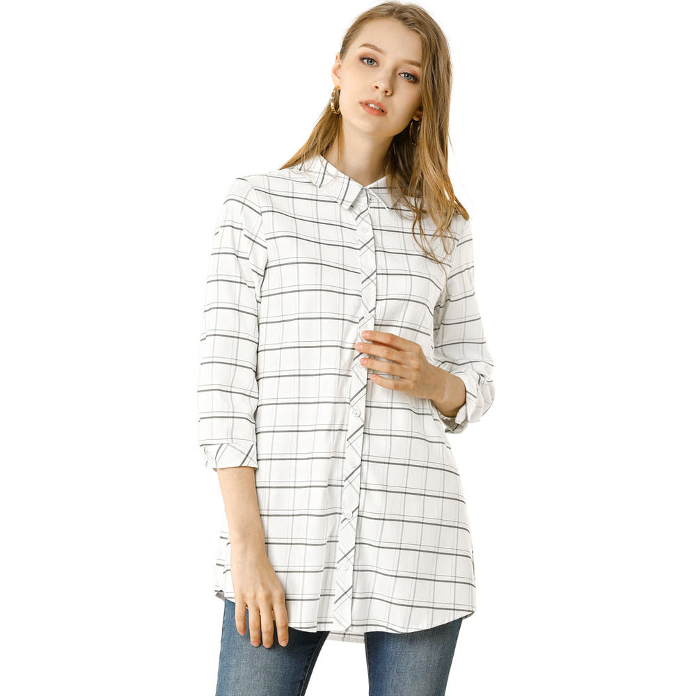 Unique Bargains Allegra K Women's Button Down Roll-up Sleeve Loose Tunic Plaid Shirt