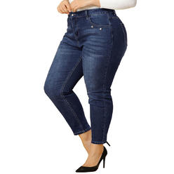 Unique Bargains Agnes Orinda Women's Plus Size Denim Mid Rise Stretch Washed Skinny Jeans