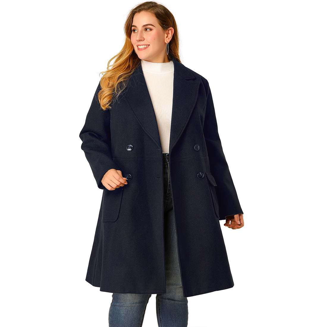 Unique Bargains Agnes Orinda Women's Plus Size Notched Lapel Double Breasted Winter Long Coat