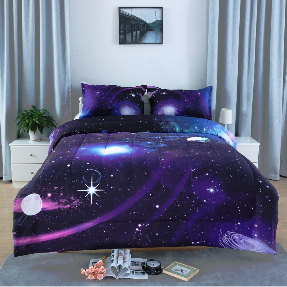 Unique Bargains Full/Queen All-season Quilted Comforter Sets Galaxies Purple with 2 Pillow Shams