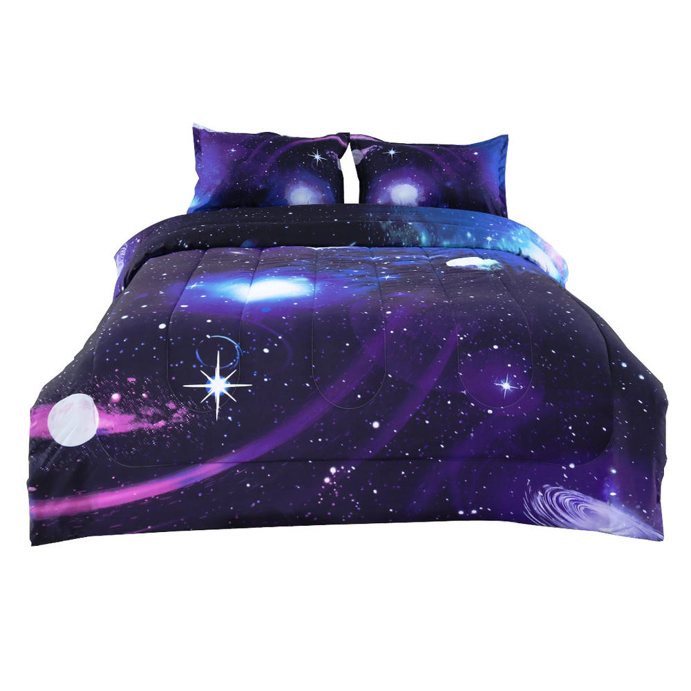 Unique Bargains Full/Queen All-season Quilted Comforter Sets Galaxies Purple with 2 Pillow Shams