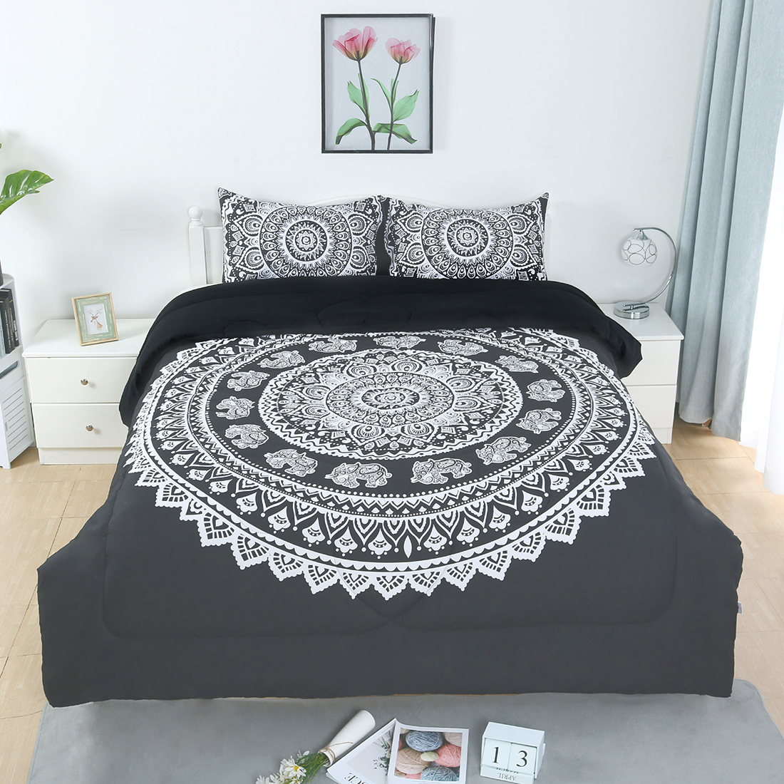 Unique Bargains King All Season Quilted Comforter Sets Bohemian Black With 2 Pillow Cases