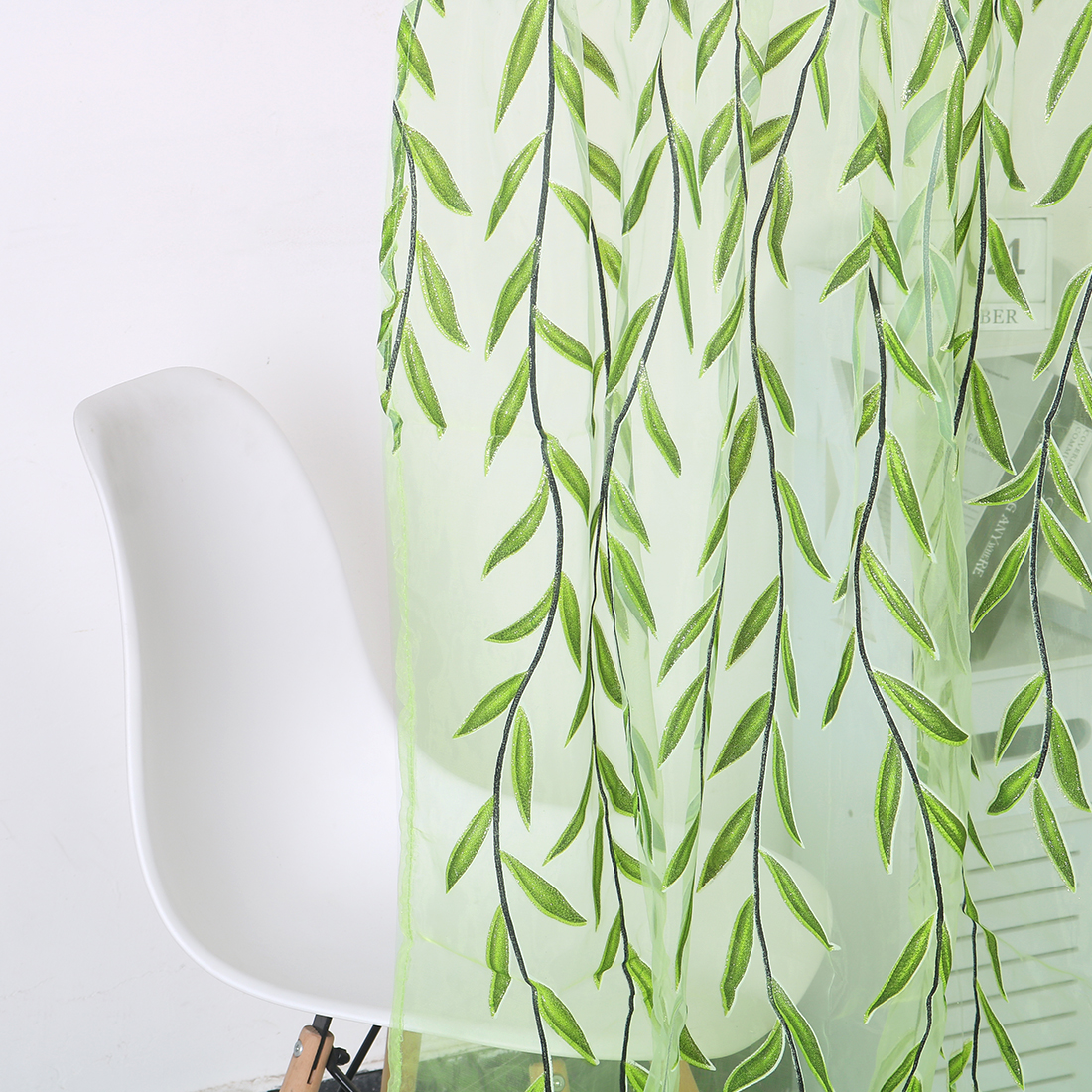 Unique Bargains Willow Leaves Shape Window Sheer Curtain for Bedroom Bathroom Green 82" x 39"