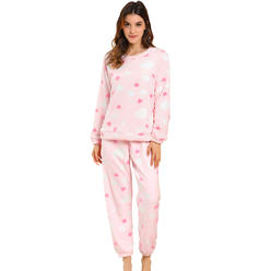 Unique Bargains Allegra K Flannel Pajama Set for Women Cute Printed Long Sleeve Nightwear Loungewear