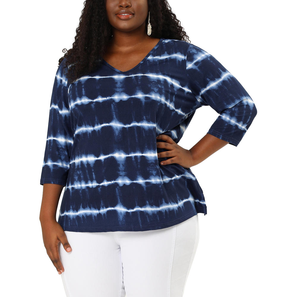 Unique Bargains Women's Plus Size T-shirt Tye Dye Side Slit 3/4 Sleeve Stripe Top