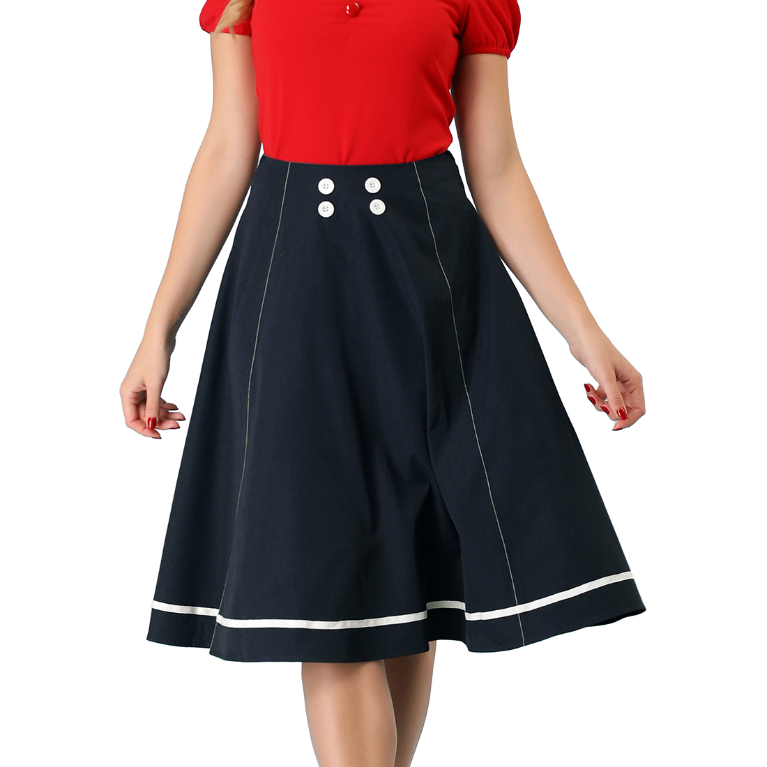 Unique Bargains Allegra K Women's Button Decor Tie High Waist A-Line Knee Length Skirt