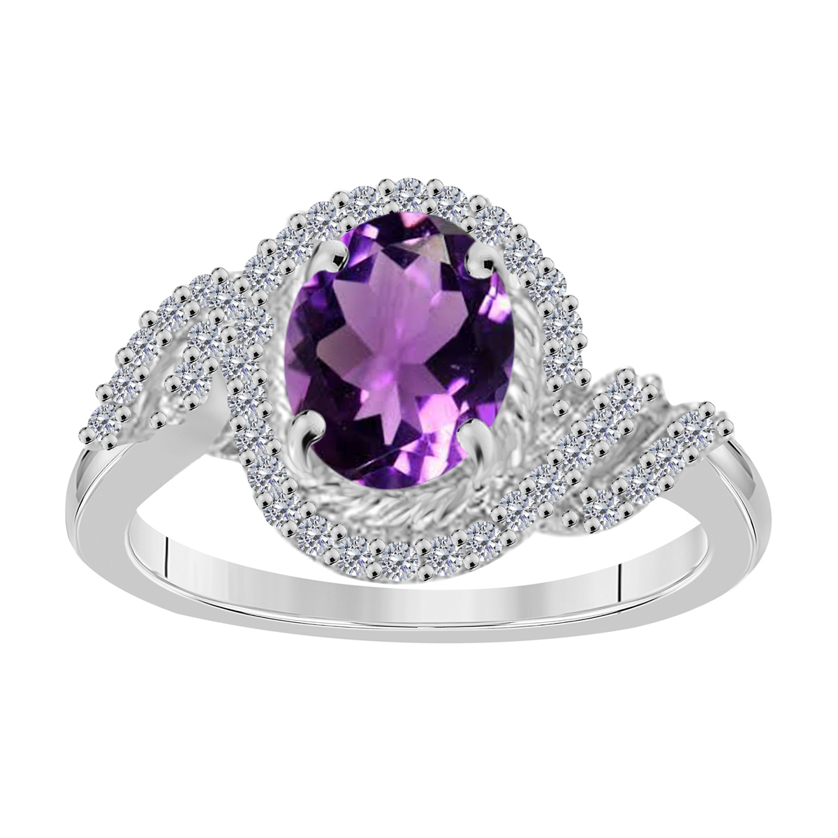 Aone Rings for Women 1.45 Carat Diamond Oval  Amethyst Ring 4 Prong 10K White Gold