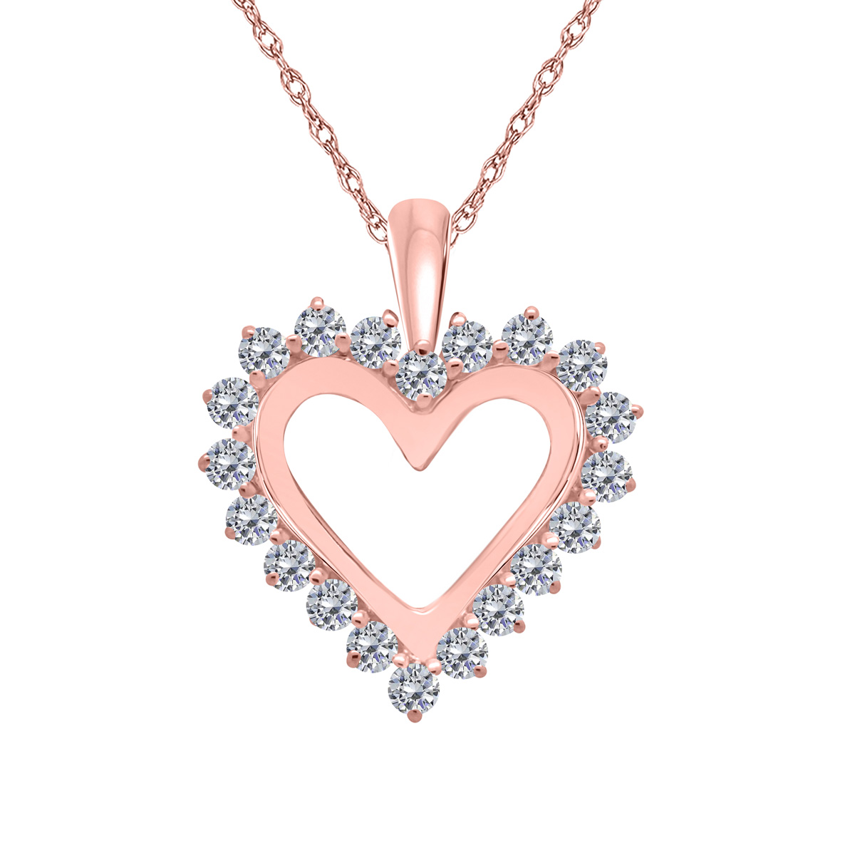 Aone Necklace Women 1 CTW Open Heart Diamond Pendant 4 prongs 10K Rose Gold 18'' Chain