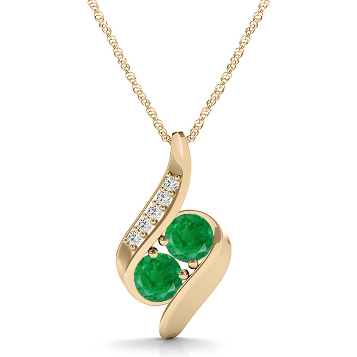 Aone 1Ct Two Emerald Gemstone And White Diamond Pendant With 18" Chain In 14K Yellow Gold