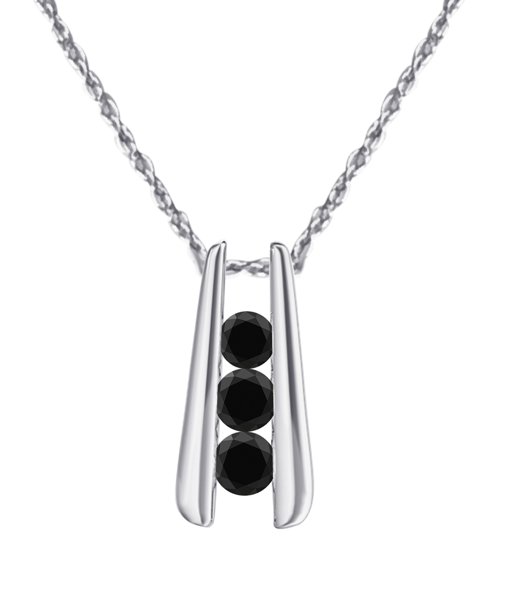 Aone 1Ct Three Stone Black Diamond Channel Set Pendant With 18" Chain In 14K White Gold