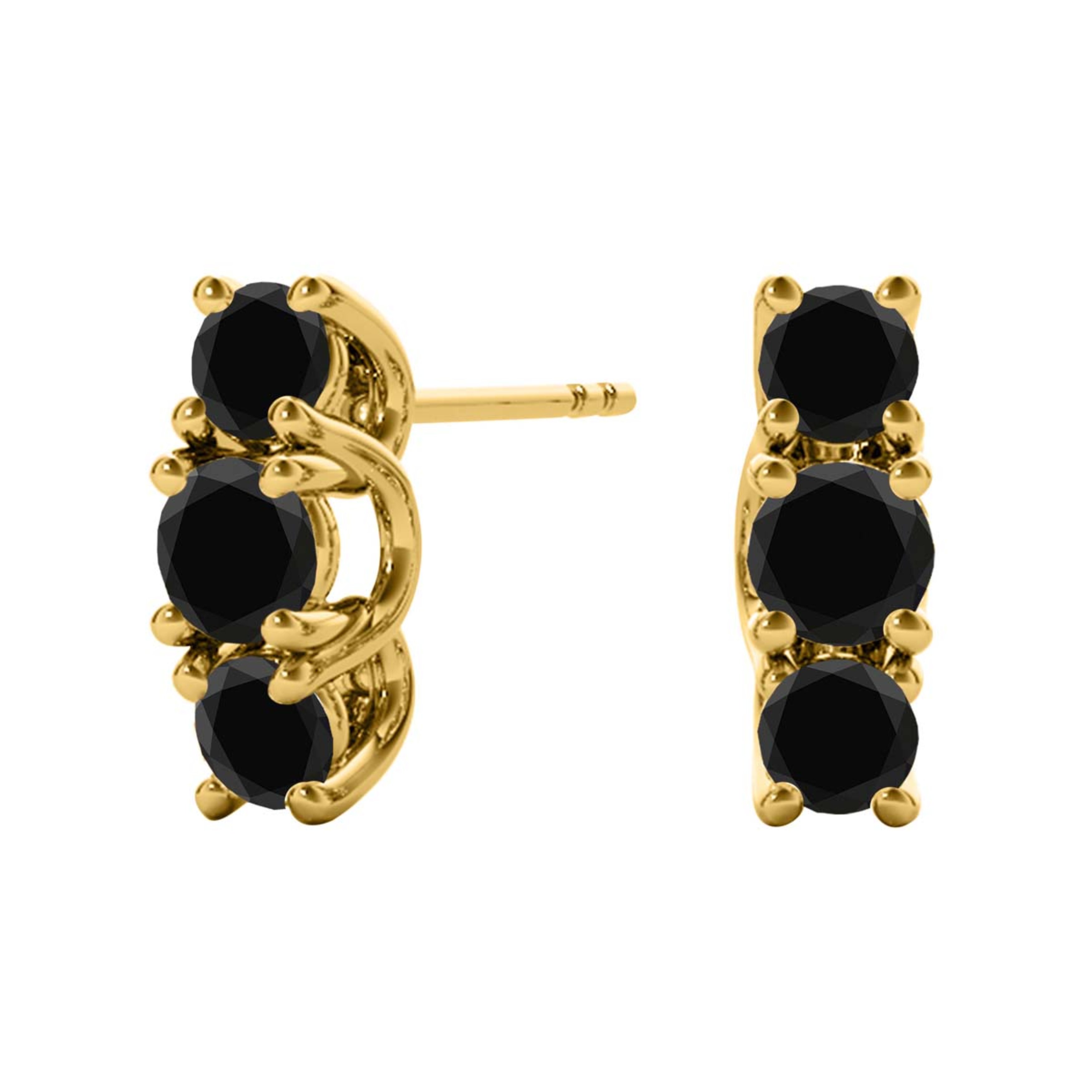 Aone 1.50 Carat Natural Black Diamond 14K Yellow Gold Stud Earrings for Women Prong-Setting 