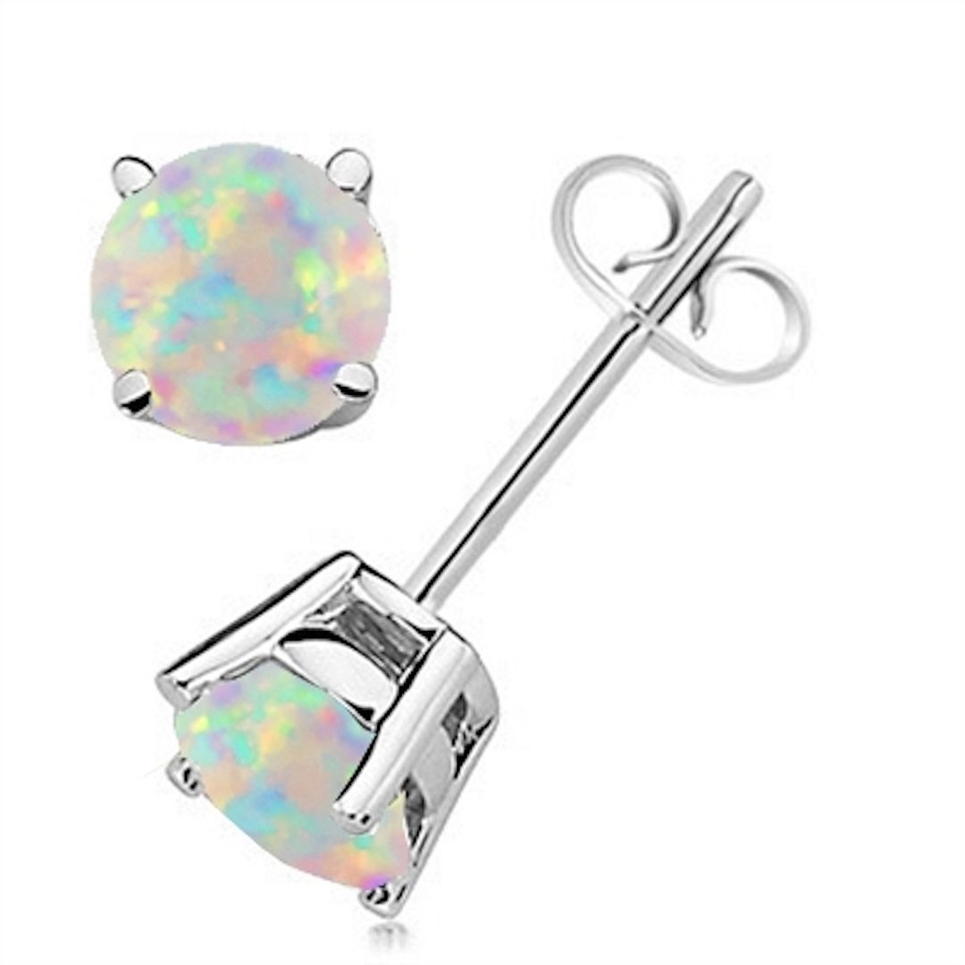 Aone Round Opal Earrings In 14k White Gold