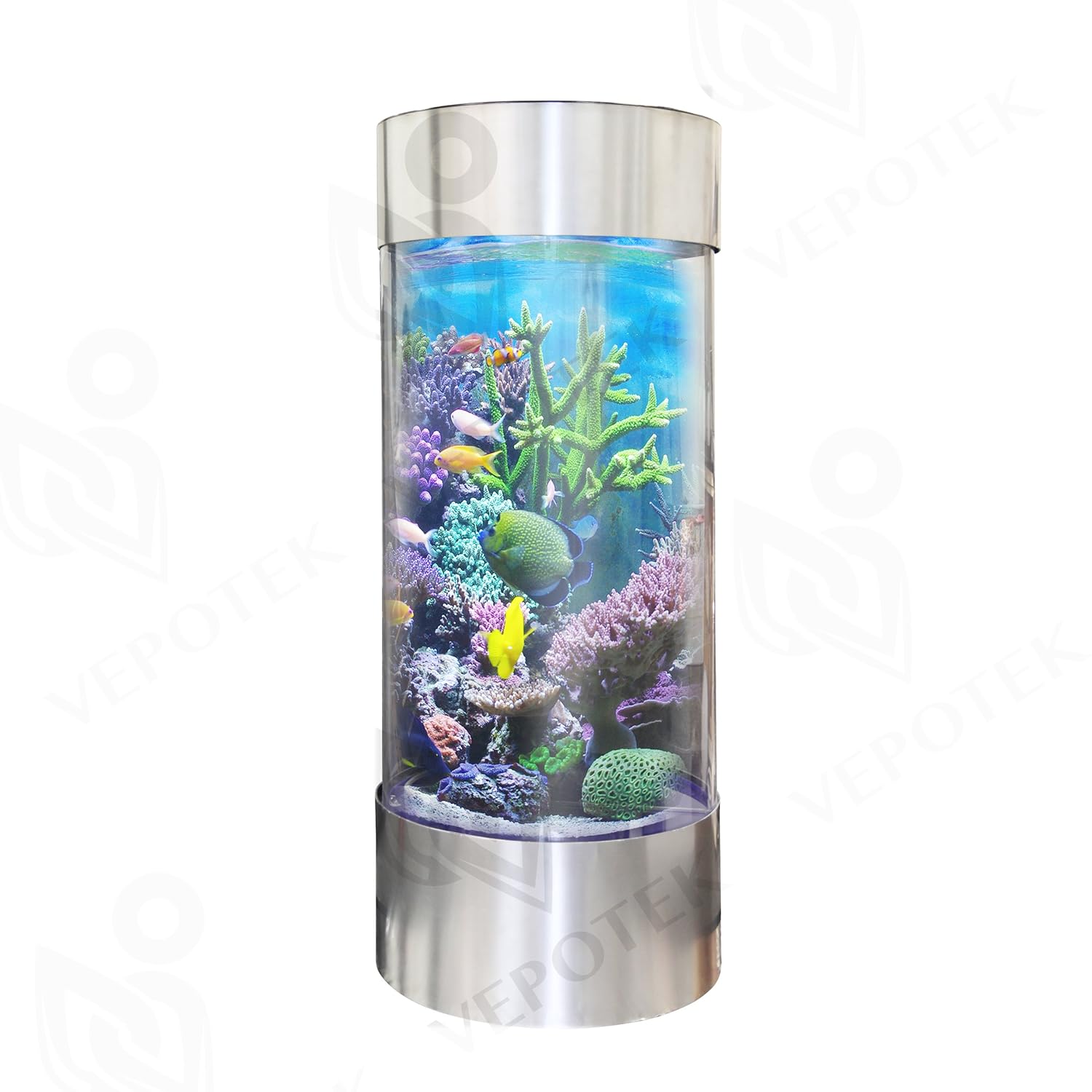 Vepotek Full Acrylic 360 Cylinder Aquarium Tank w/ Stainless Steel Trim