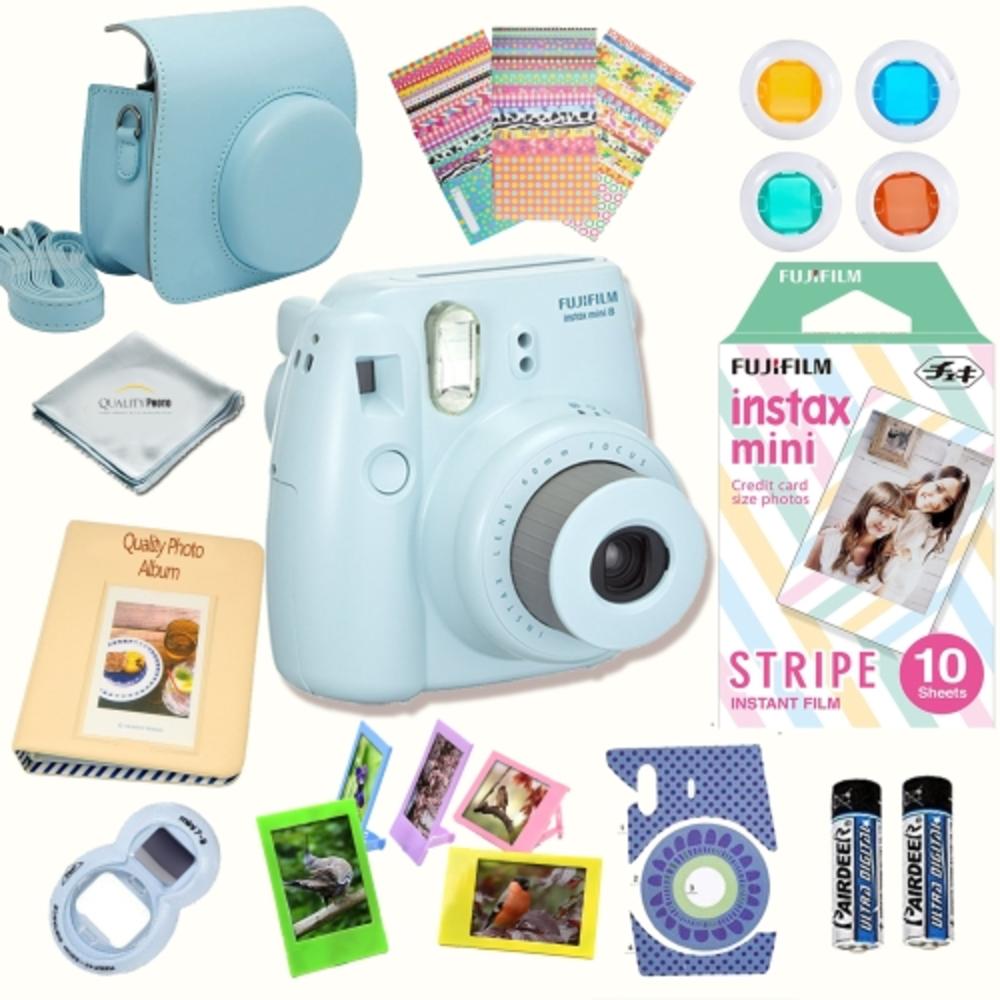 Fujifilm Instax Mini 8 Blue bundle: Instant camera + Instant Stripe  Film + Accessories