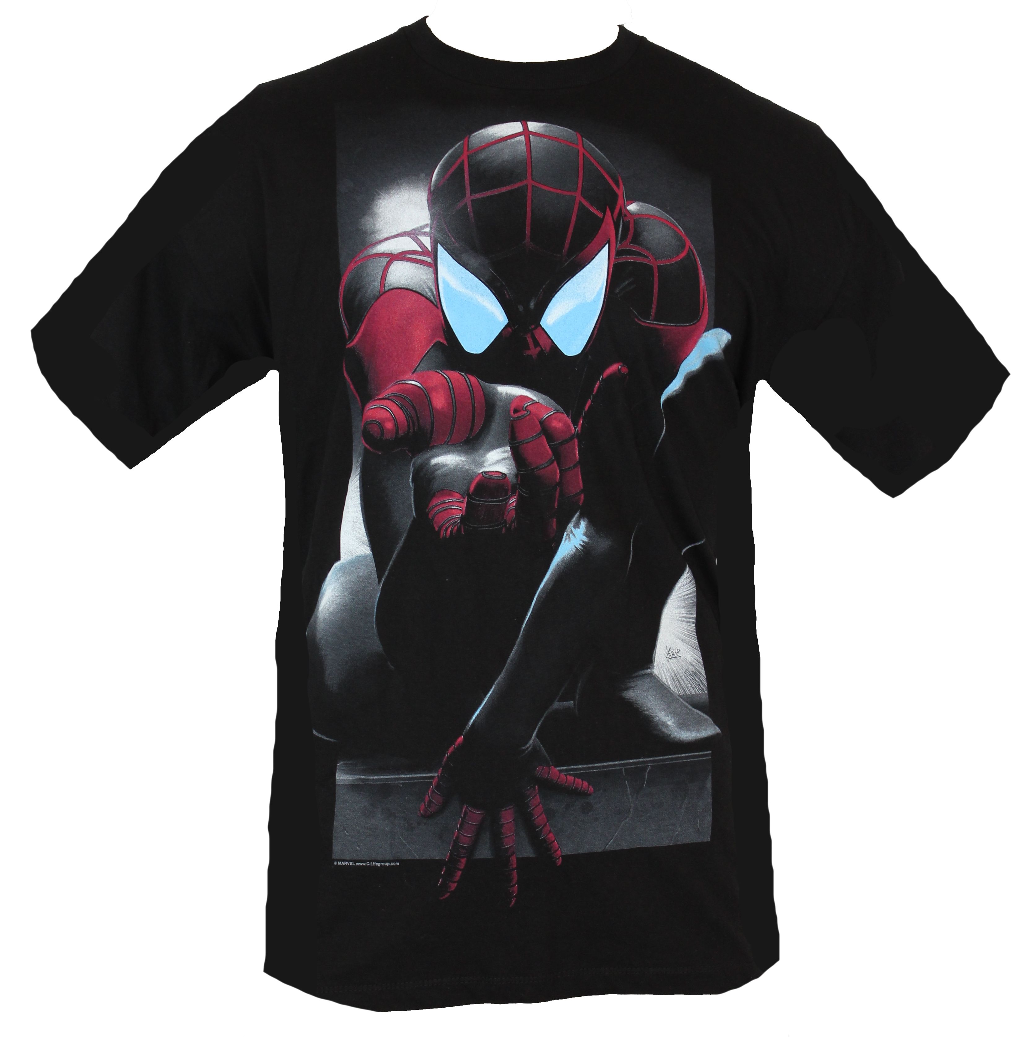 Impb Spider Man Mens T Shirt Ultimate Miles Morales Crouched Points Web Shooter Black
