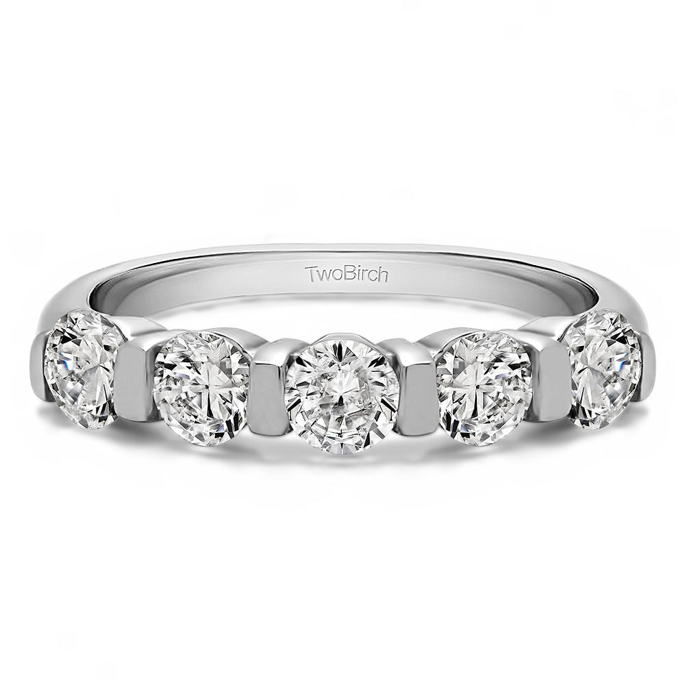 TwoBirch Five Stone Wide Bar Set Wedding Band in 14k White Gold with Forever Brilliant Moissanite by Charles Colvard (0.33 CT)