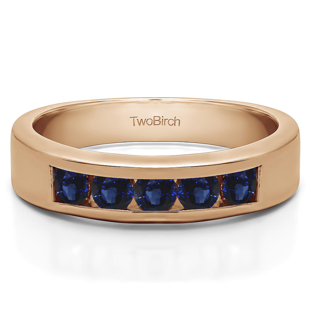 TwoBirch Five Stone Straight Channel Set Wedding Band in 10k Rose Gold with Sapphire (0.75 CT)