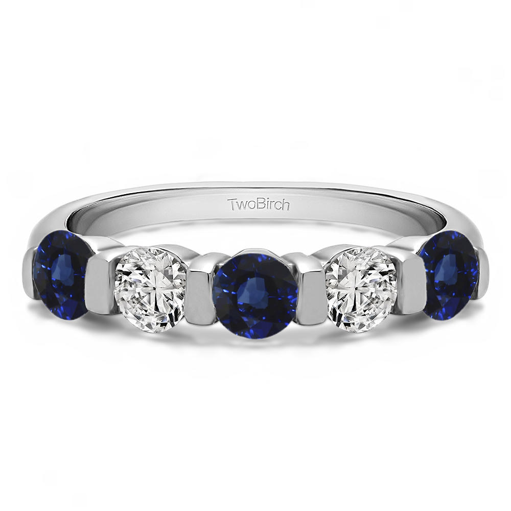 TwoBirch Five Stone Wide Bar Set Wedding Band in 10k White Gold with Diamonds (G-H,I2-I3) and Sapphire (1 CT)