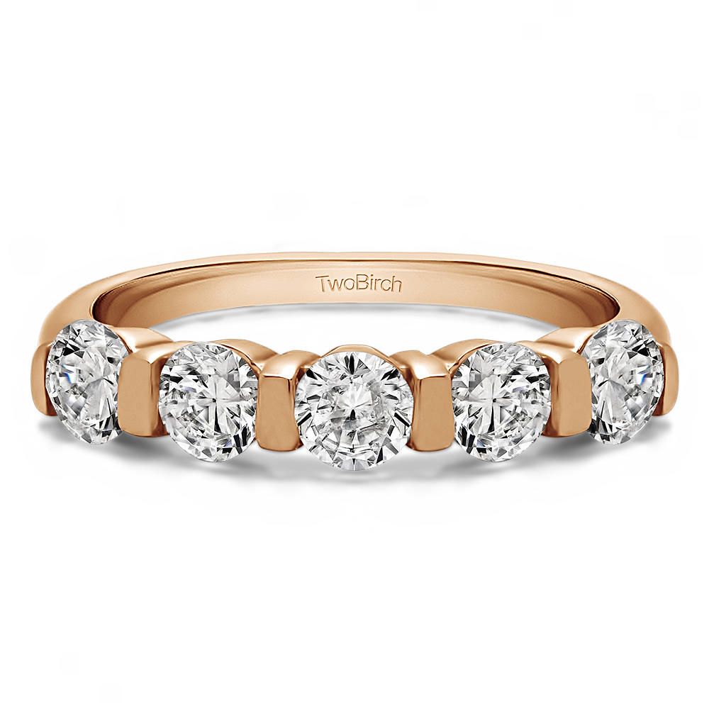 TwoBirch Five Stone Wide Bar Set Wedding Band in 10k Rose Gold with Forever Brilliant Moissanite by Charles Colvard (1 CT)