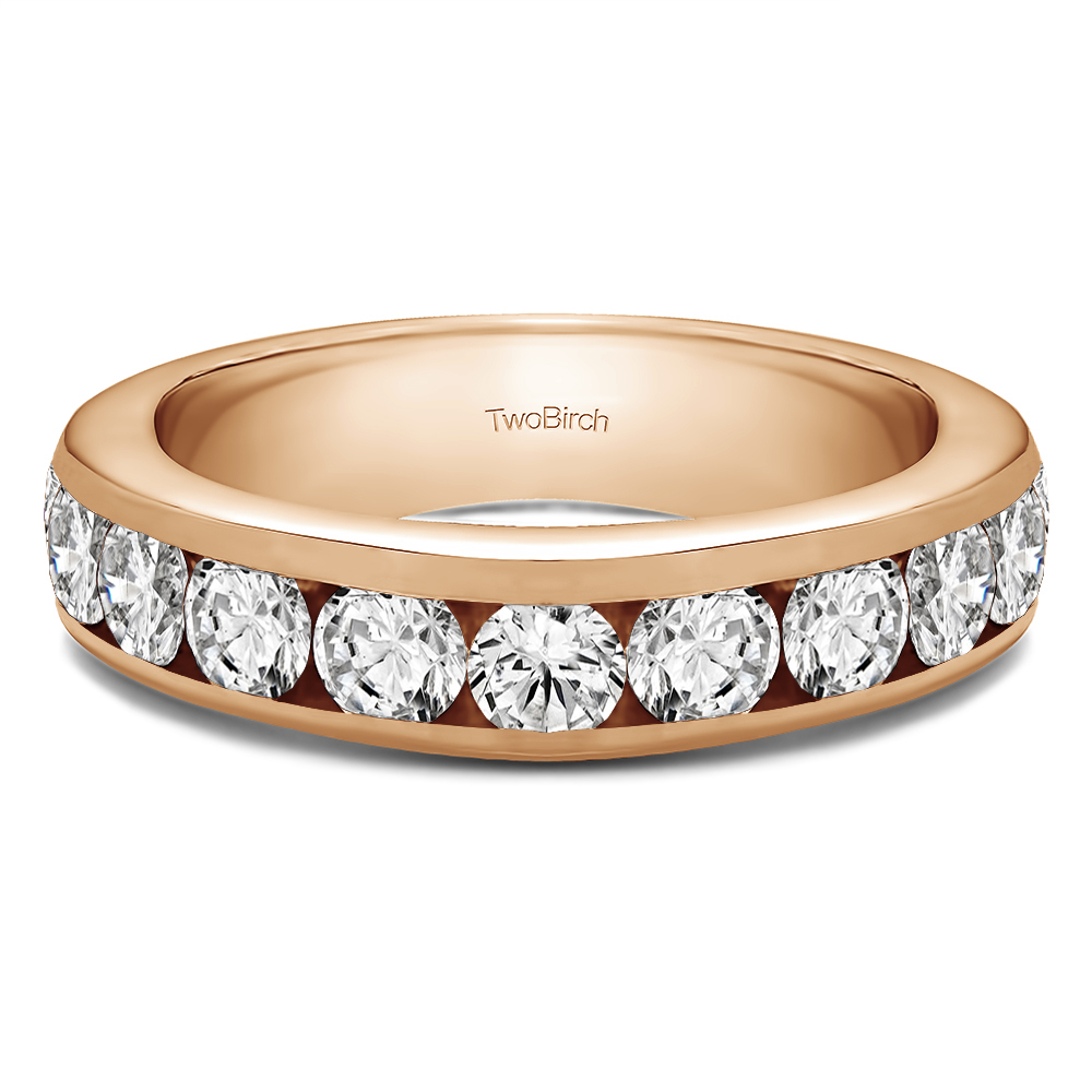 TwoBirch 10 Stone Channel Set Wedding Ring in 10k Rose Gold with Forever Brilliant Moissanite by Charles Colvard (1 CT)