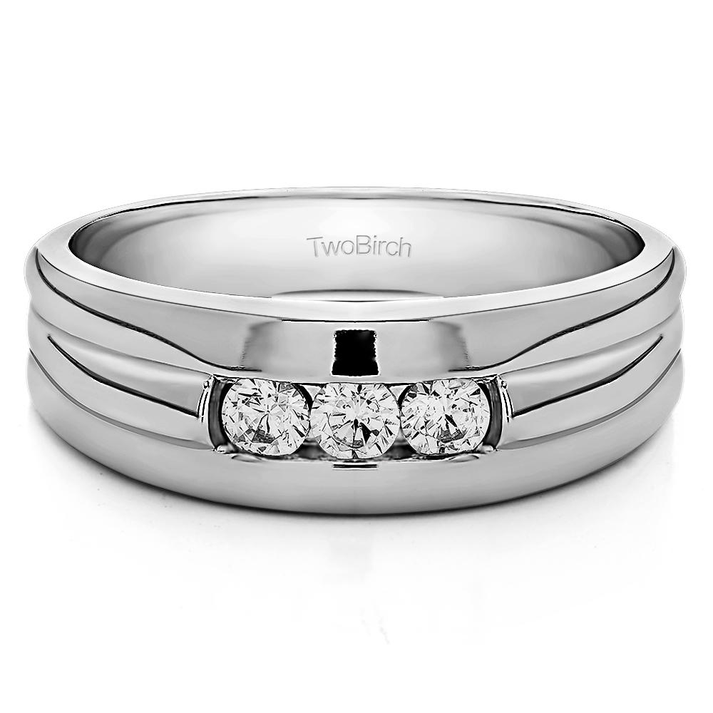 TwoBirch Three Stone Unique Men's Wedding or Unique Men's Fashion Ring in 14k White Gold with Diamonds (G-H,I2-I3) (0.72 CT)