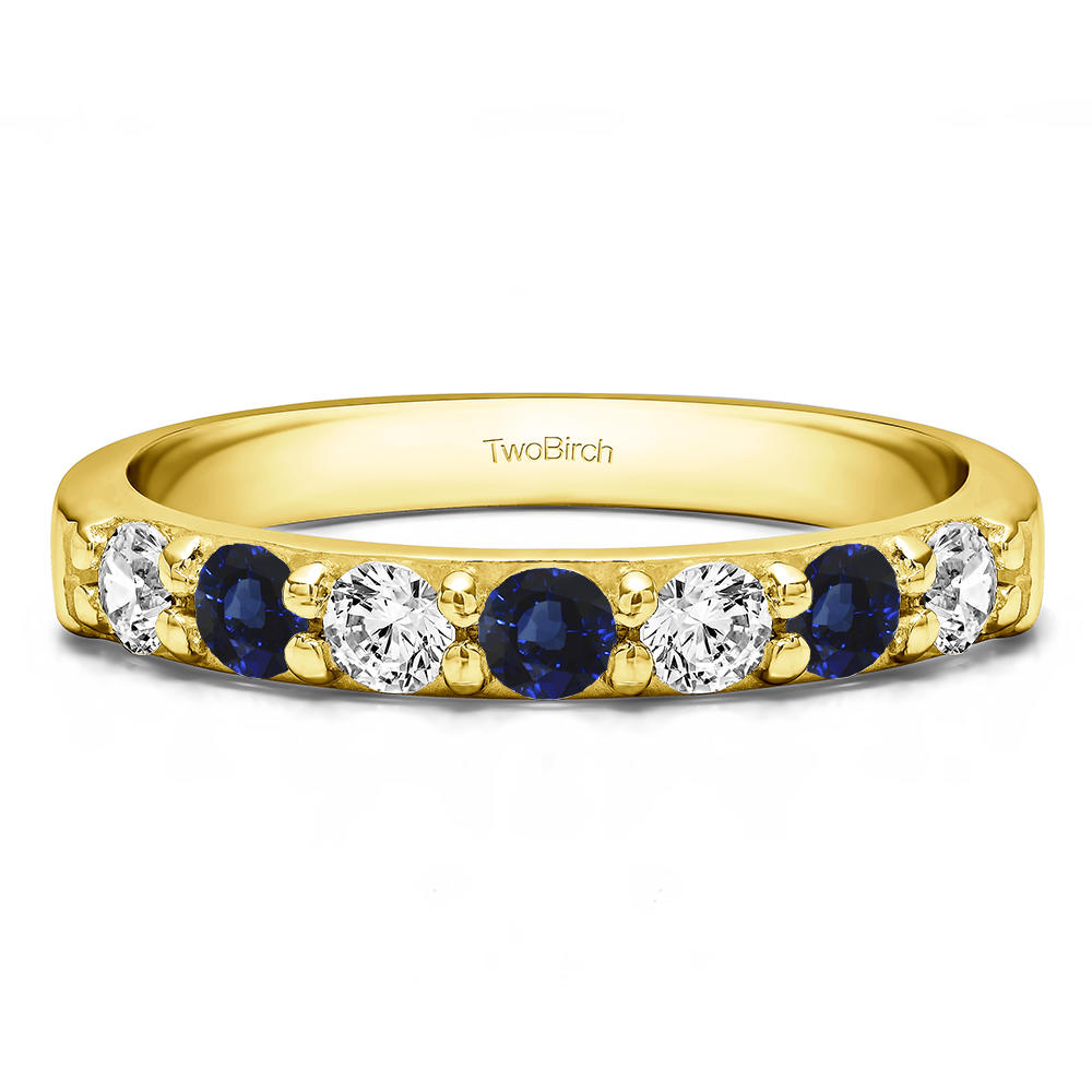 TwoBirch Seven Stone Common Prong Wedding Ring  in 10k Yellow gold with Diamonds (G-H,I2-I3) and Sapphire (0.98 CT)