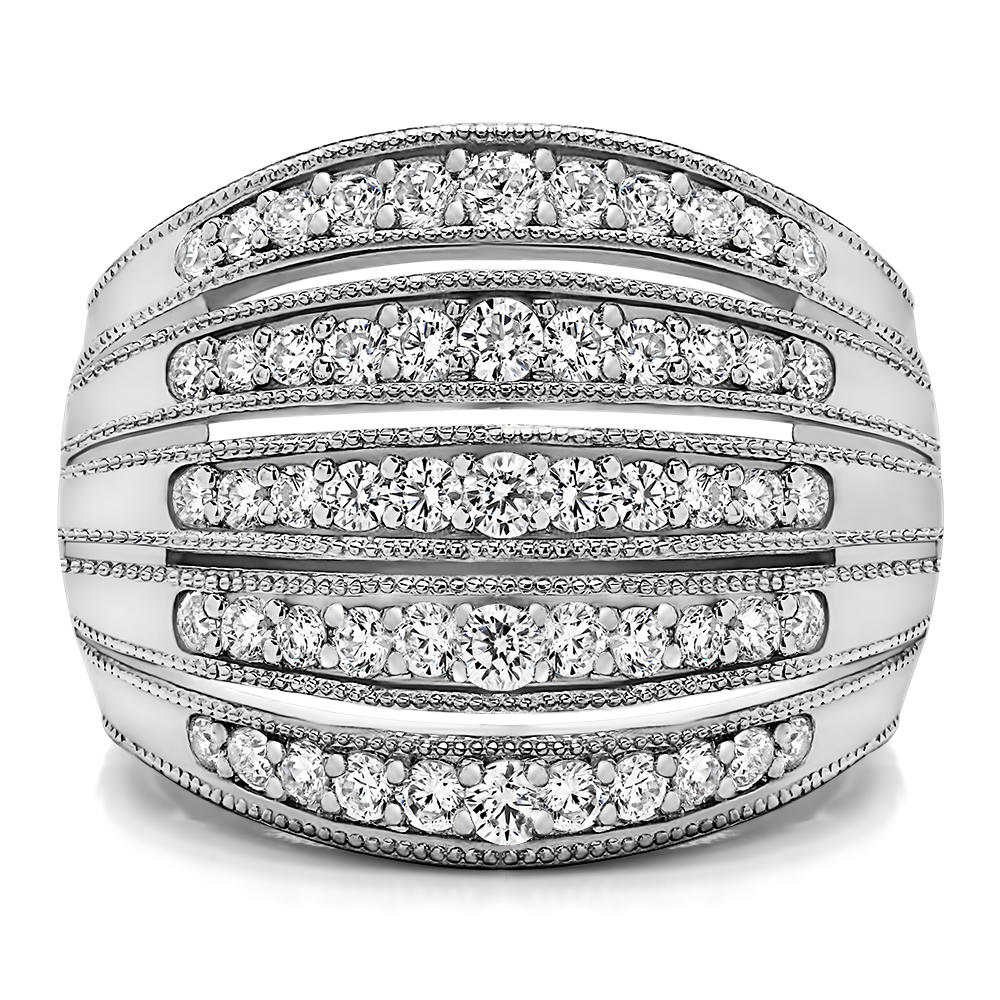 TwoBirch Large Domed Milgrained Anniversary Band in 10k White Gold with Forever Brilliant Moissanite by Charles Colvard (0.86 CT)