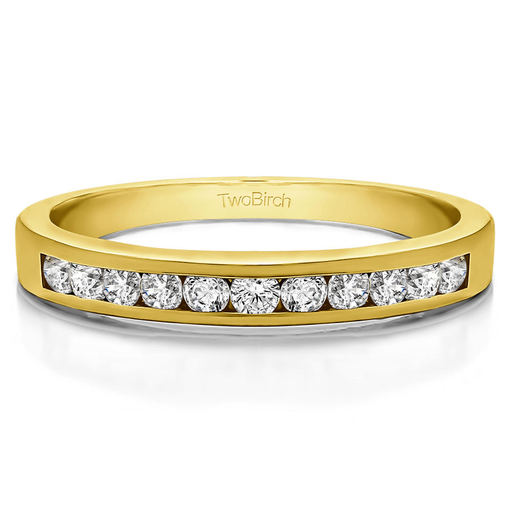 TwoBirch Eleven Stone Straight Channel Wedding Ring in 10k Yellow gold with Forever Brilliant Moissanite by Charles Colvard (0.99 CT)