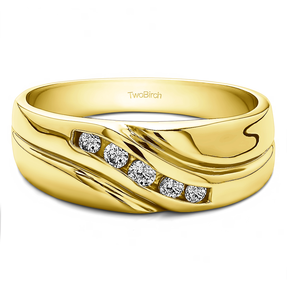 TwoBirch Unique Mens Ring with Twisted Designer Shank in 14k Yellow Gold with Diamonds (G-H,I2-I3) (0.48 CT)