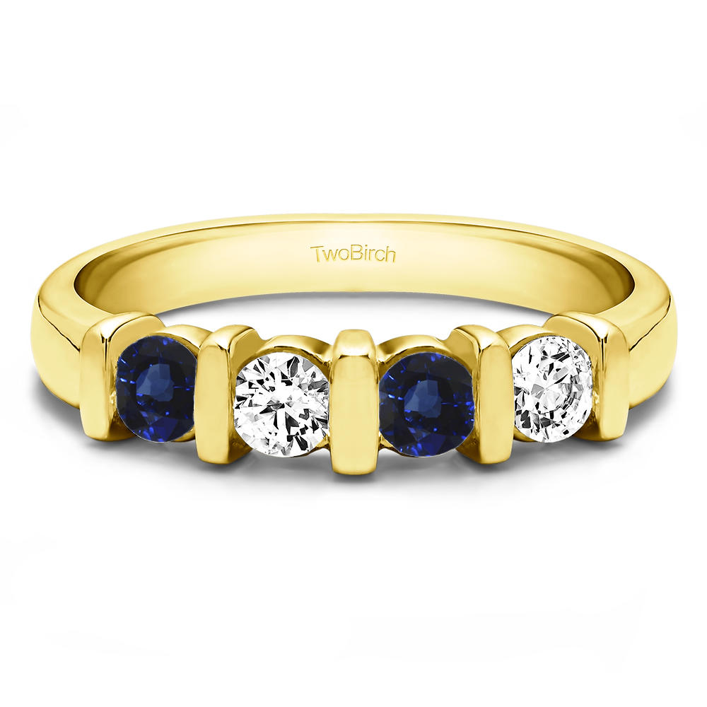 TwoBirch Four Stone Bar Set Wedding Ring in 14k Yellow Gold with Diamonds (G-H,I2-I3) and Sapphire (0.5 CT)