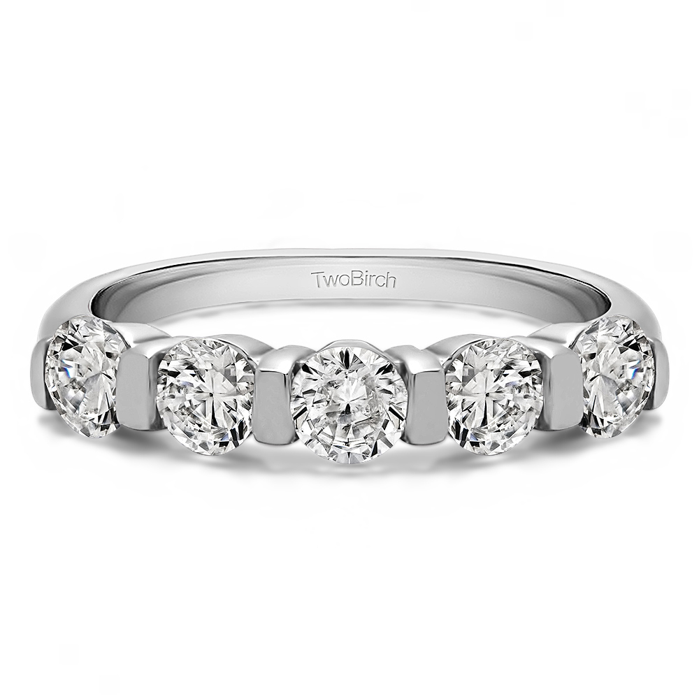 TwoBirch Five Stone Wide Bar Set Wedding Band in 10k White Gold with Forever Brilliant Moissanite by Charles Colvard (0.5 CT)