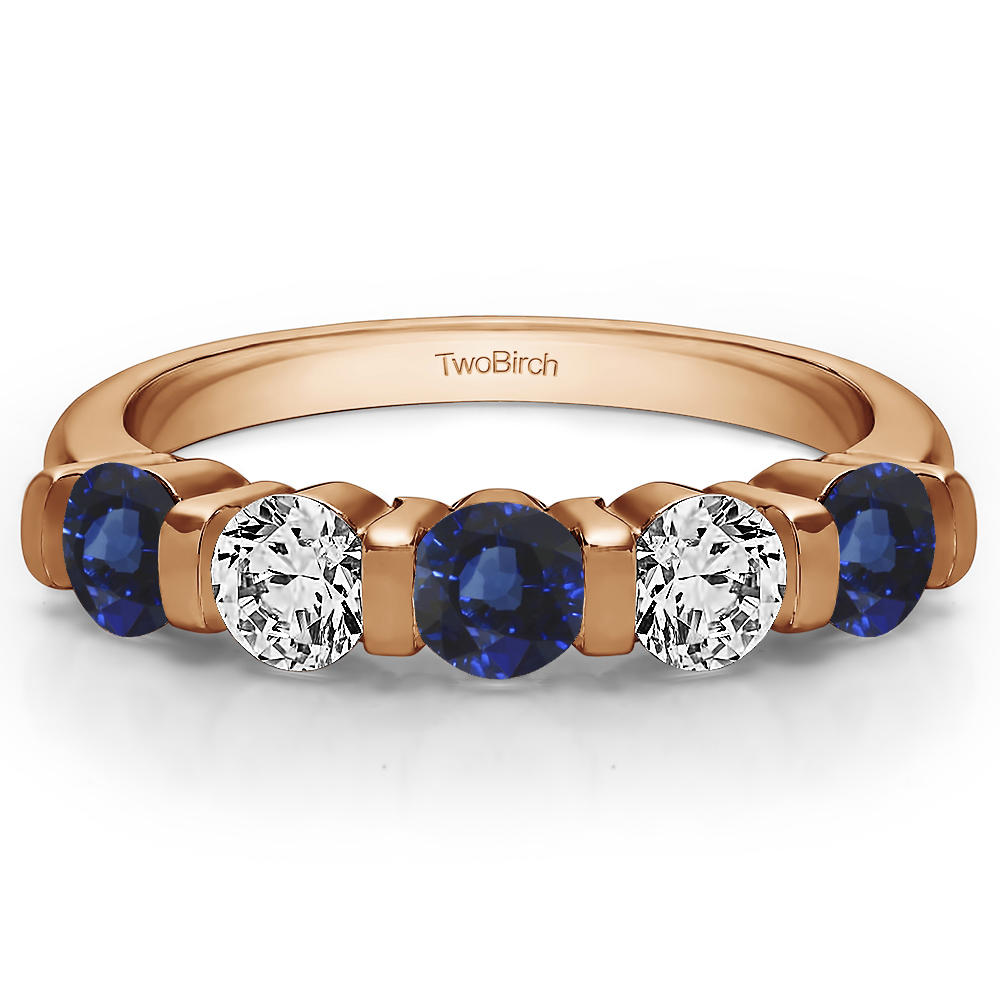 TwoBirch Five Stone Bar Set Wedding Band in 10k Rose Gold with Diamonds (G-H,I2-I3) and Sapphire (0.75 CT)